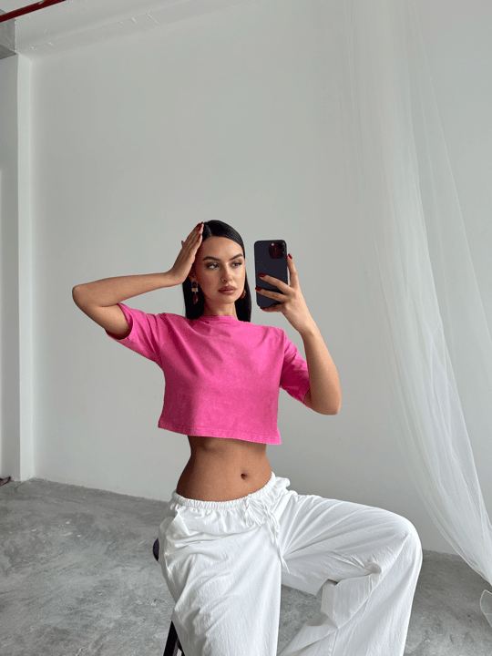 Yıkamalı Vatkalı Crop Basic - Pembe