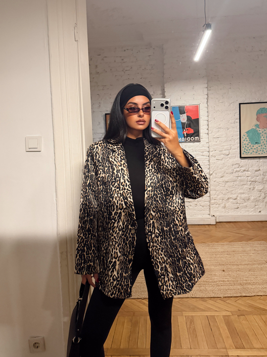 Leopar Desenli Saten Blazer Ceket - Bej