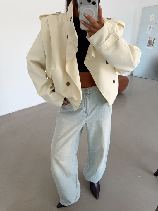 Vatka Detay Oversize Crop Trençkot - Ekru