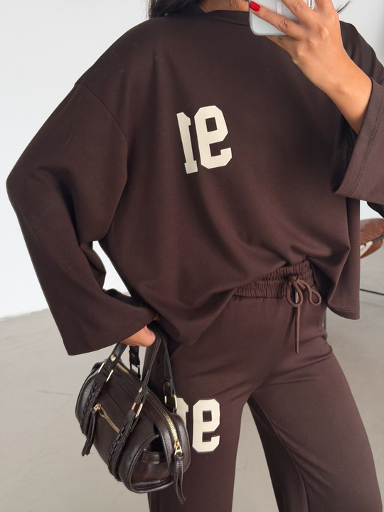 Baskılı Sweat Eşofman Takım  - Kahve