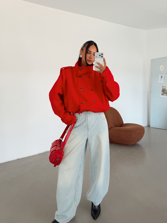 Vatka Detay Oversize Crop Trençkot - Kırmızı