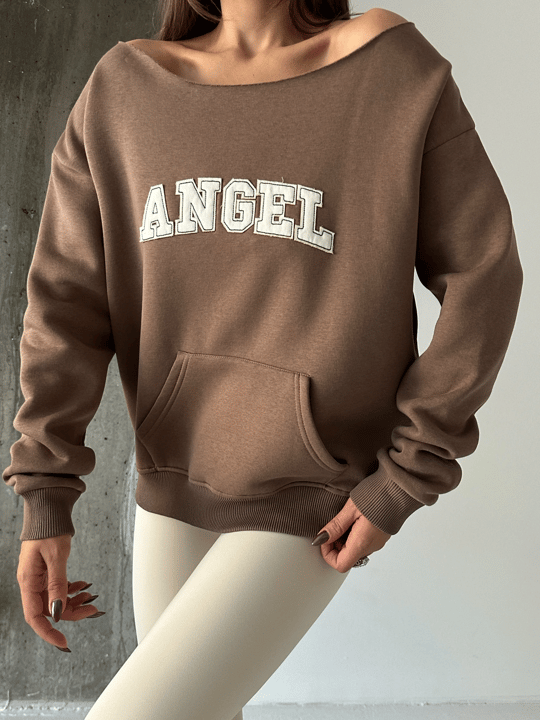 Angel Nakışlı Kayık Yaka Sweat - Kahve