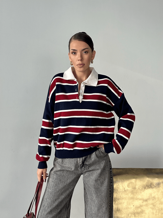 Polo Yaka Çizgili Triko - lacivert-bordo