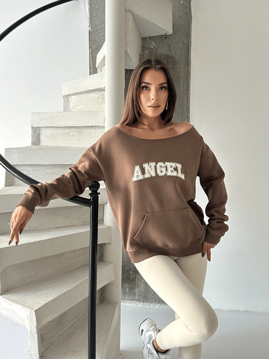Angel Nakışlı Kayık Yaka Sweat - Kahve