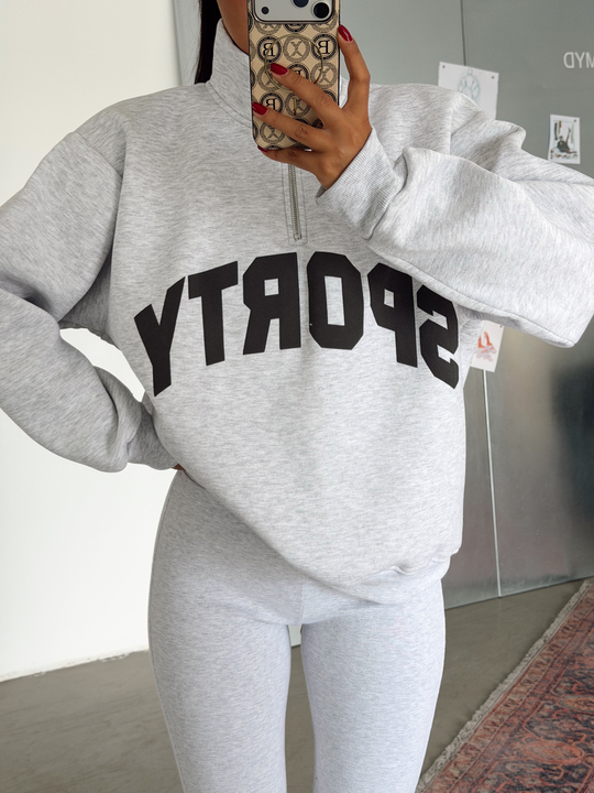 Sporty Yarım Fermuar Sweat - Gri