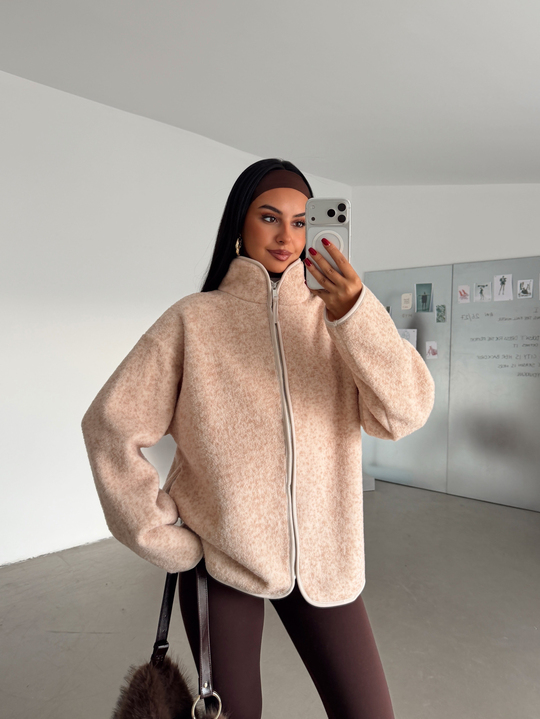 Fermuarlı Peluş Ceket - Bej