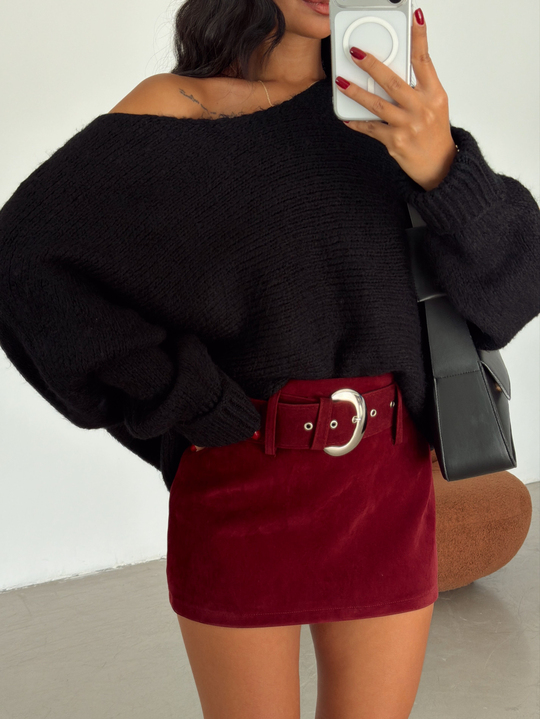 Kemerli Süet Mini Etek - Bordo