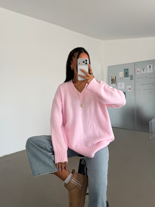 Oversize V Yaka Kazak - Pembe