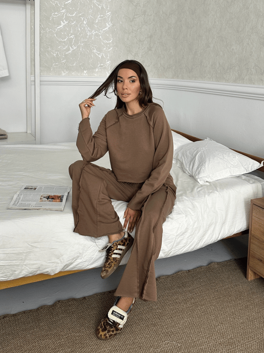 Uzun Kol Ters Dikiş Takım - Kahve