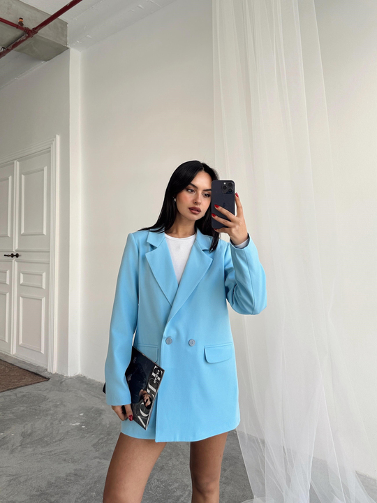 Çift Düğme Oversize Blazer  - Bebe Mavi