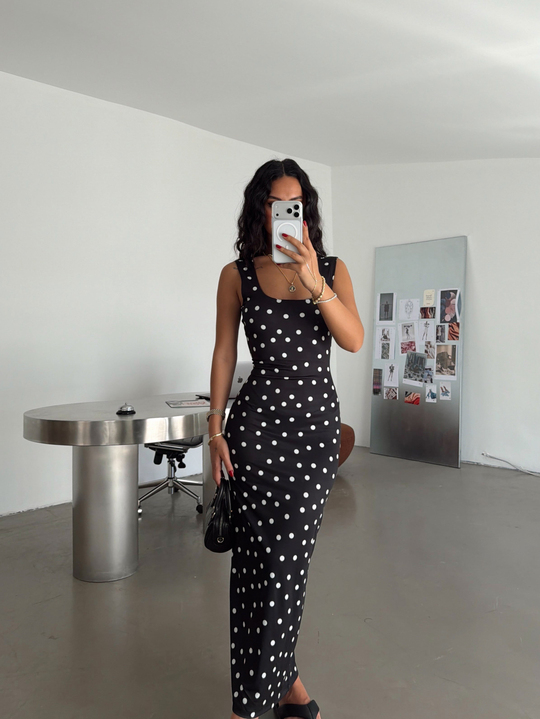 Halter Yaka Puantiyeli Maxi Elbise - Siyah