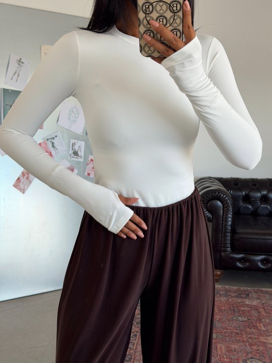 Bisiklet Yaka Uzun Kol Bodysuit - Ekru