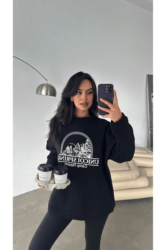 Unicoi Springs Üç İplik Oversize Sweat Siyah - Siyah