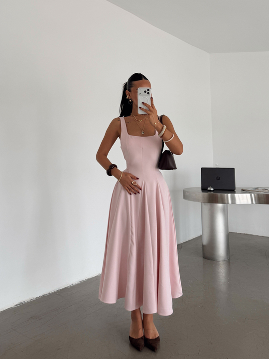 Bağcık Detay Midi Elbise - Pudra Pembe