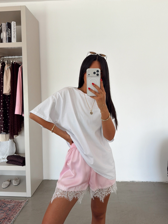 Saten Dantelli Mini Şort - Pembe