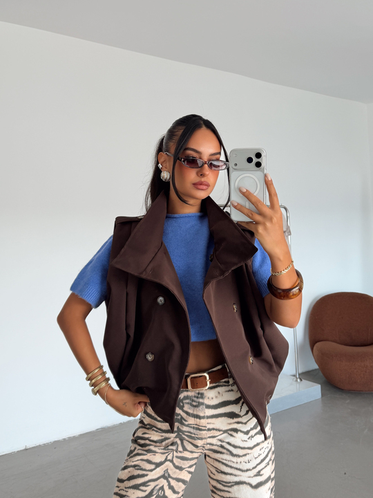Apolet Detaylı Oversize Yelek - Kahve