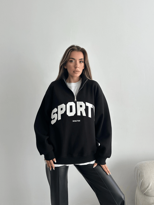 Sporty Yarım Fermuar Sweat - Siyah
