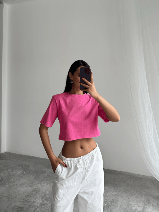 Yıkamalı Vatkalı Crop Basic - Pembe