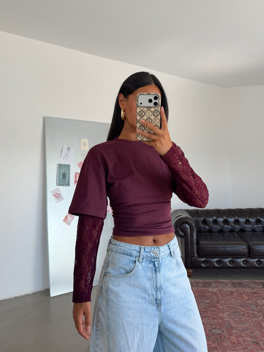 Oturtmalı Kolları Dantel Basic T-shirt - Mürdüm