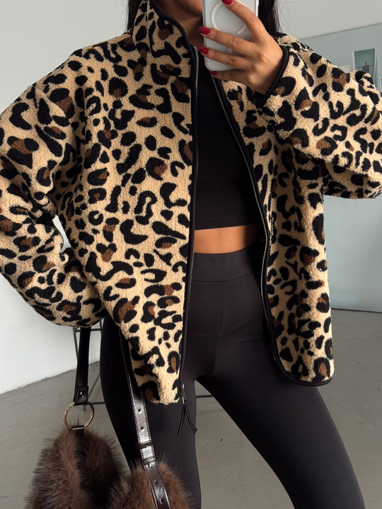 Fermuarlı Peluş Ceket - Leopar