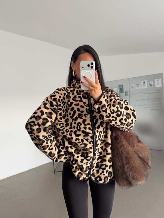 Fermuarlı Peluş Ceket - Leopar