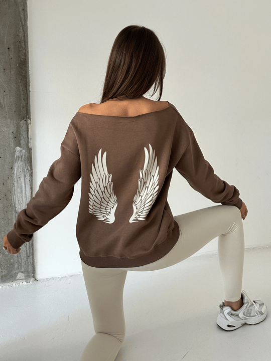 Angel Nakışlı Kayık Yaka Sweat - Kahve