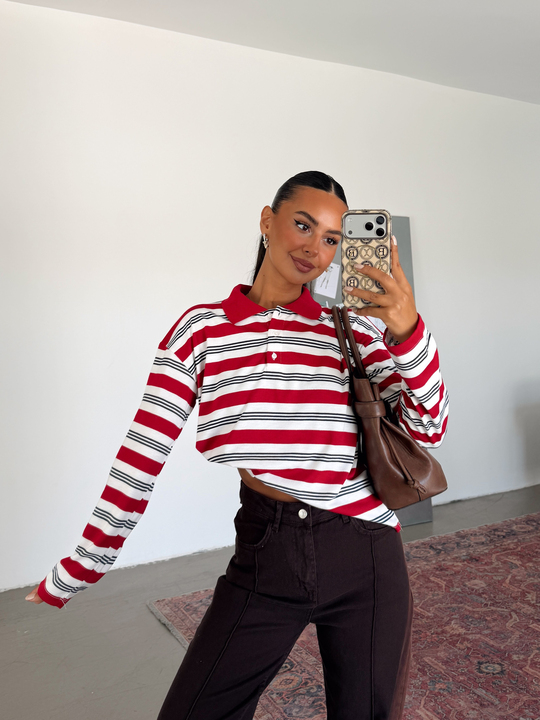 Polo Yaka Çizgili Sweatshirt - Kırmızı