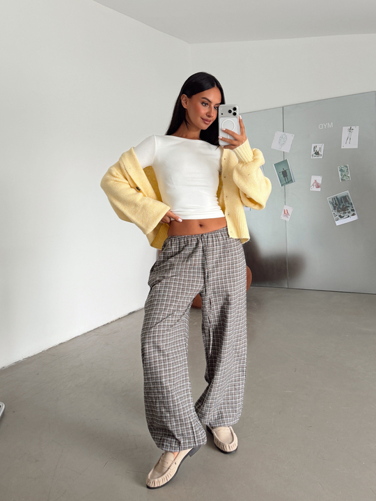 Bel Lastik Ekoseli Jogger Pantolon - Vizon