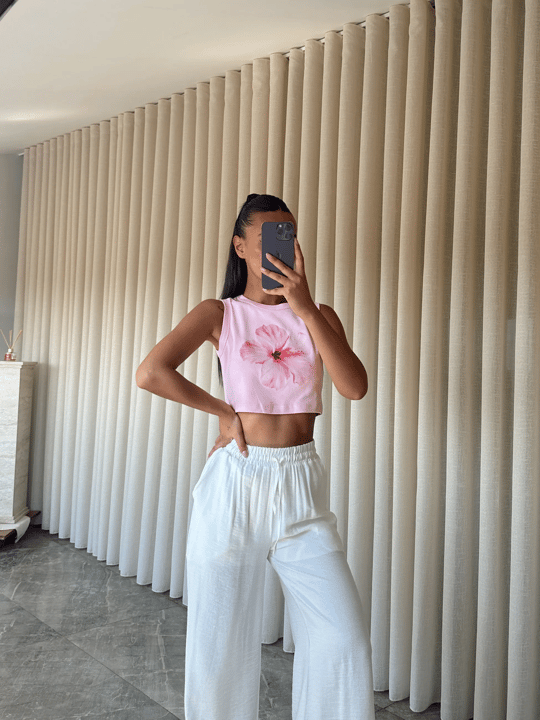 Çiçek Baskılı Crop - Pembe