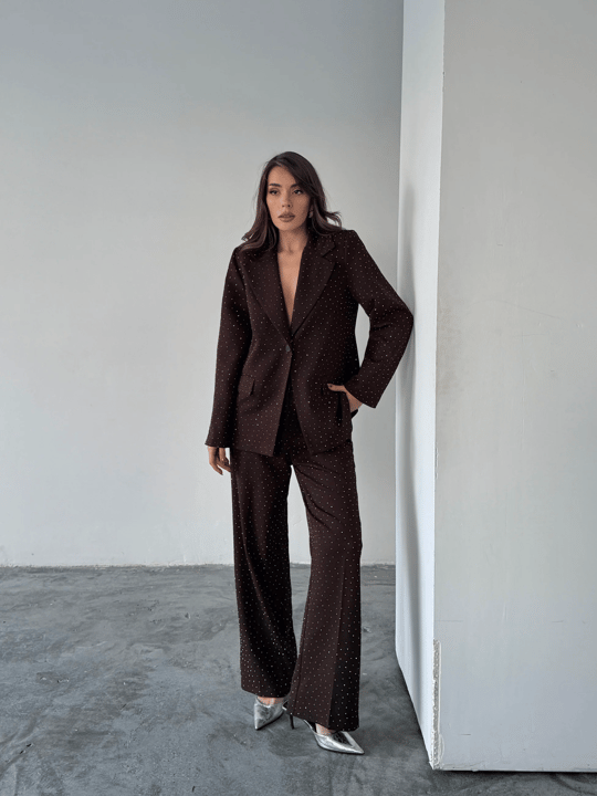 Premium Taş Detaylı Ceket Pantolon Takım  - Kahve