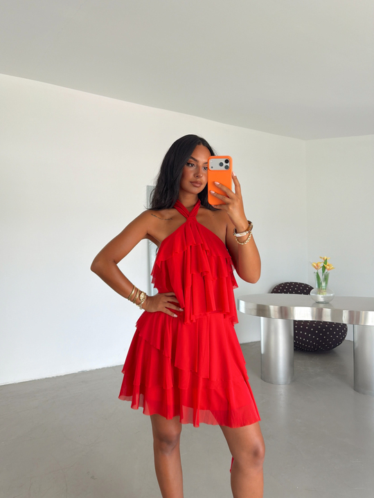 Volanlı Mini Tül Elbise - Kırmızı