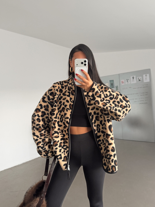 Fermuarlı Peluş Ceket - Leopar