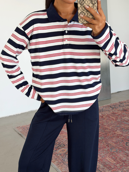 Polo Yaka Çizgili Sweatshirt - Lacivert