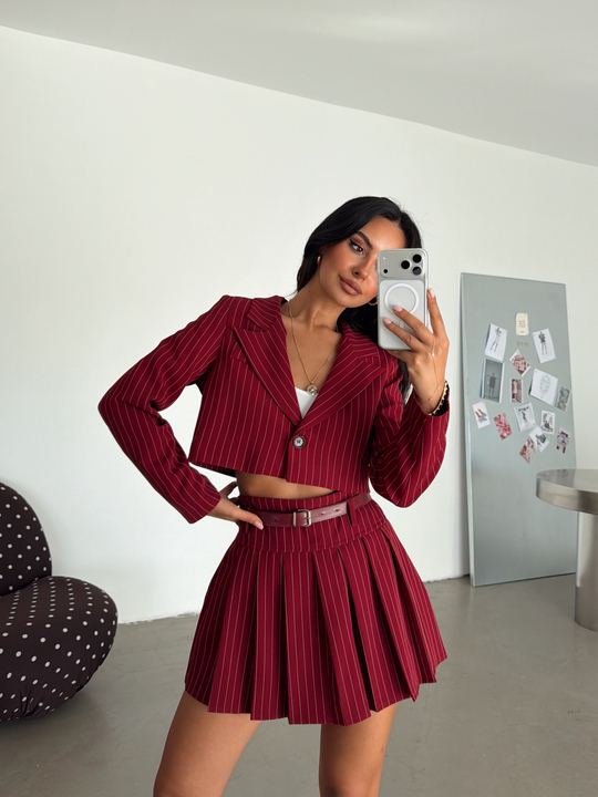 Çizgili Crop Ceket - Bordo