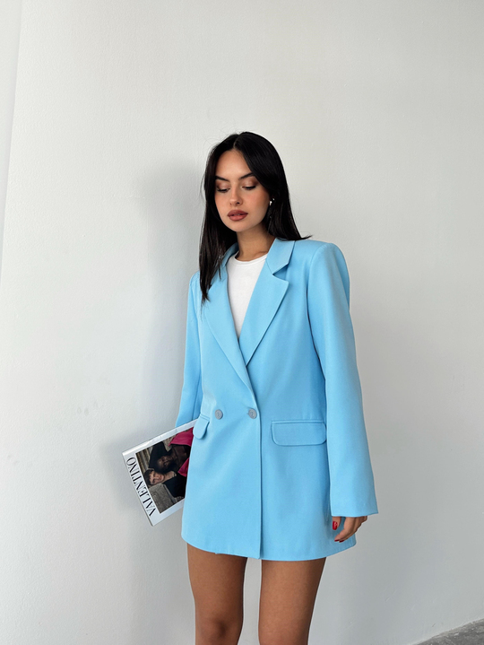 Çift Düğme Oversize Blazer  - Bebe Mavi