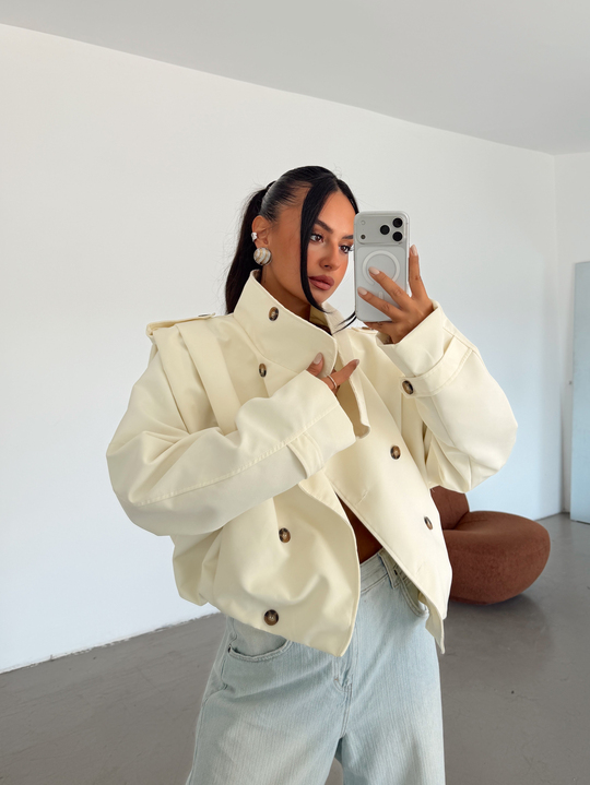 Vatka Detay Oversize Crop Trençkot - Ekru