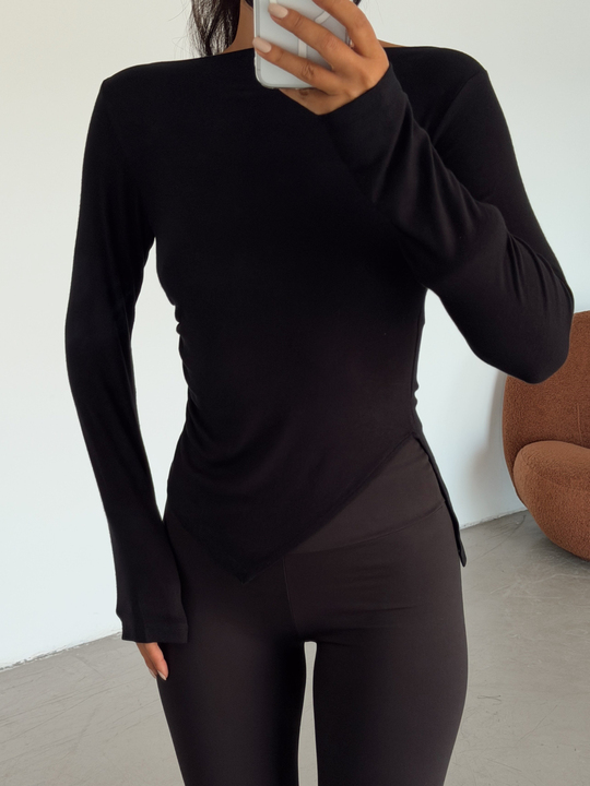 Asimetrik Yan Drape Bluz - Siyah
