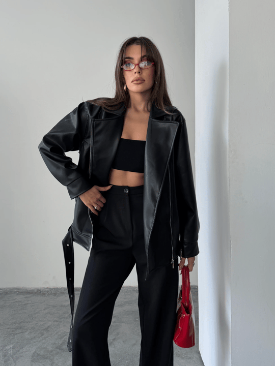 Kemerli Oversize Deri Ceket  - Siyah