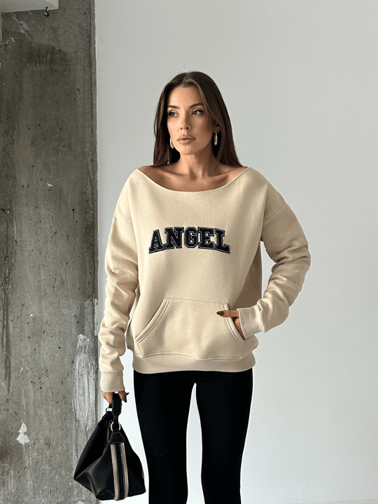 Angel Nakışlı Kayık Yaka Sweat - Vizon