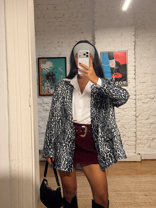 Leopar Desenli Saten Blazer Ceket - Lacivert