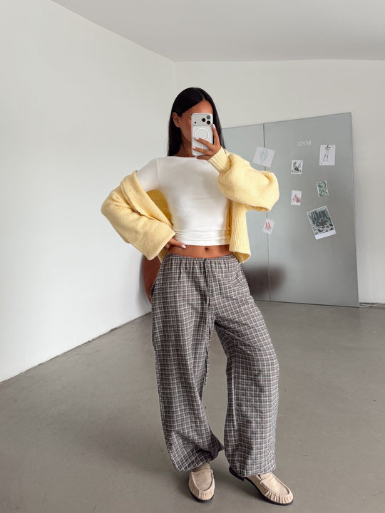 Bel Lastik Ekoseli Jogger Pantolon - Vizon