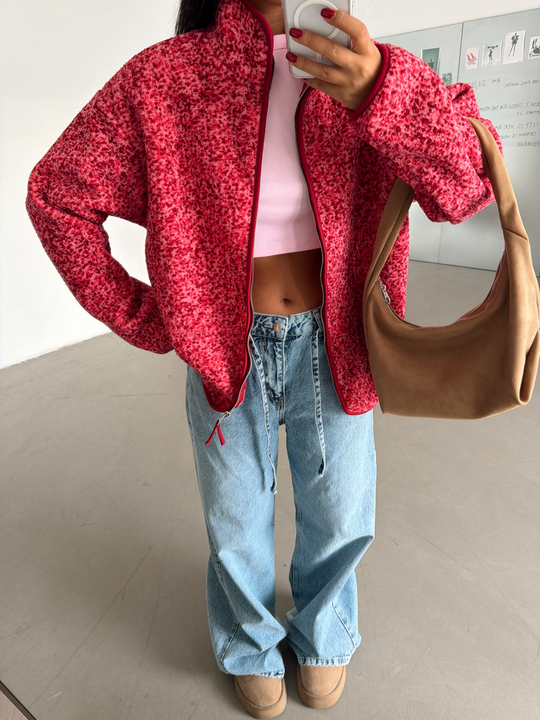 Fermuarlı Peluş Ceket - Pembe