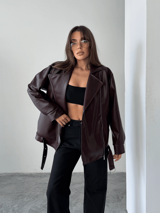 Kemerli Oversize Deri Ceket  - Bordo