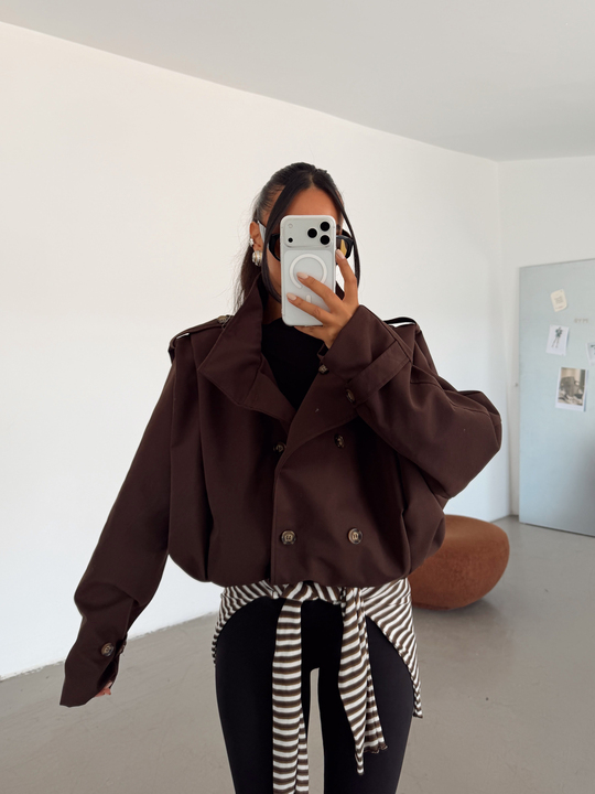 Vatka Detay Oversize Crop Trençkot - Acı Kahve