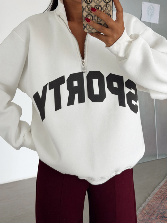Sporty Yarım Fermuar Sweat - Ekru