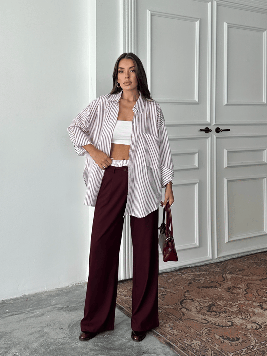 Bel Çizgi Detay Gömlekli Takım - Bordo