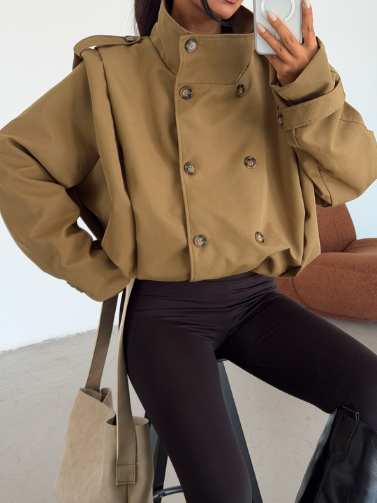 Vatka Detay Oversize Crop Trençkot - Haki