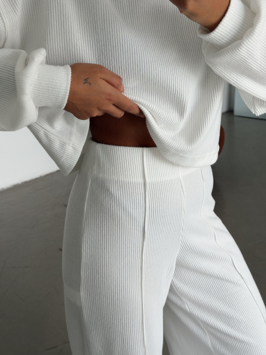Fitilli Çımalı Pantolon-Bluz Takım - Ekru