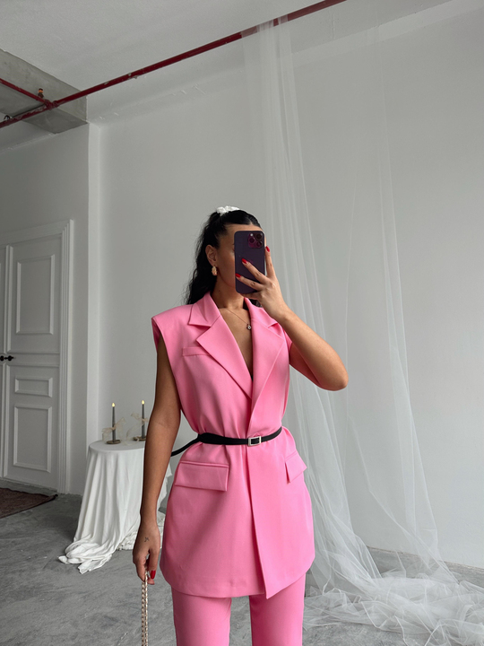 Deri Kemerli Yelek - Pembe