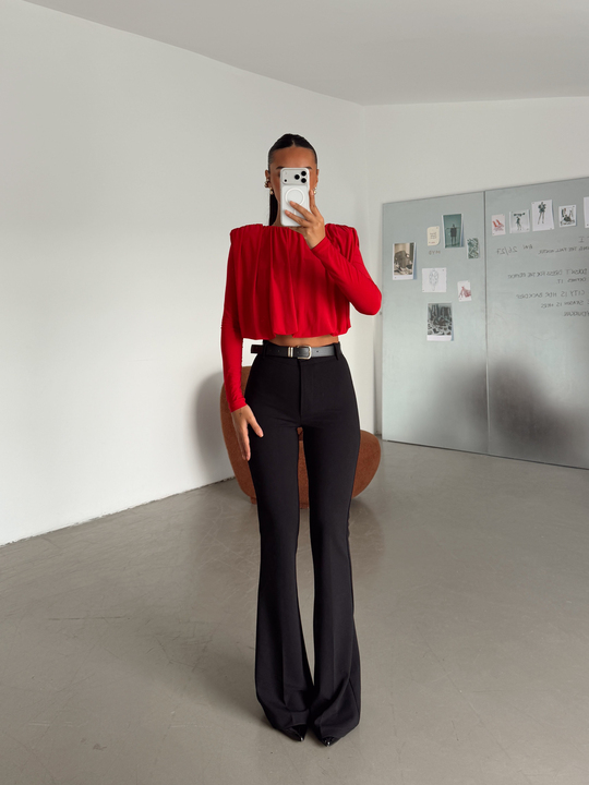 Kemerli İspanyol Paça Likralı Pantolon - Siyah